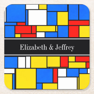 Mondrian Style Red Blue Yellow Black Name Monogram Rechteckiger Pappuntersetzer