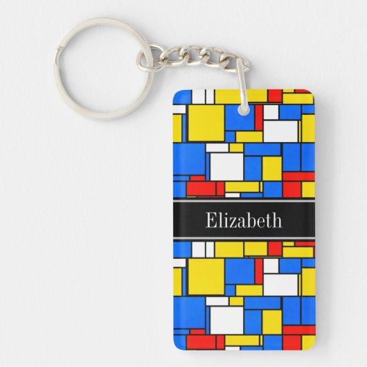Mondrian Style Red Blue Yellow Black Name Monogram Schlüsselanhänger (Vorderseite)