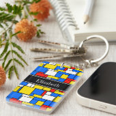 Mondrian Style Red Blue Yellow Black Name Monogram Schlüsselanhänger (Vorderseite rechts)