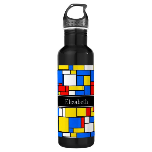 Mondrian Style Red Blue Yellow Black Name Monogram Trinkflasche (Vorderseite)