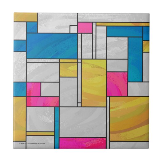 Mondrian Yellow Pink Blue Print Fliese (Vorderseite)