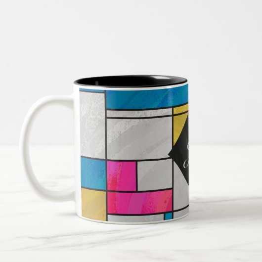 Mondrian Yellow Pink Blue Print Zweifarbige Tasse (Links)