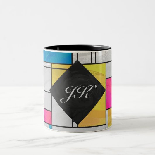 Mondrian Yellow Pink Blue Print Zweifarbige Tasse (Mittel)