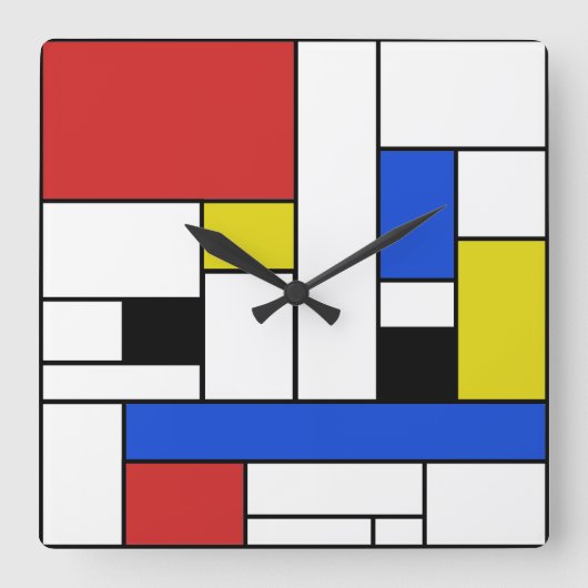 Mondrian zeichnet quadratische Wanduhr (Vorderseite)