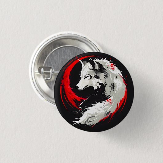 Mondroter Weißer Wolf Button (Vorne & Hinten)