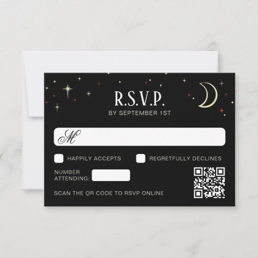 Mondsichel-Sterne QR-Code Hochzeit RSVP Karte (Vorderseite)