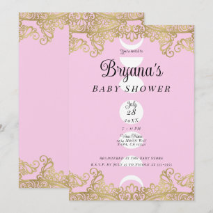 Mondtempel Rosa & Gold Verzierte Babyparty Einladung