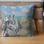 Monet Cliff Walk & Black Horse Kissen<br><div class="desc">Ein wunderschönes Kissengeflecht mit Monets Cliff Walk in Pourville als Hintergrund für ein schwarzes,  wasserfarbenes Pferd mit Blumenkronenportrait-Overlay.</div>