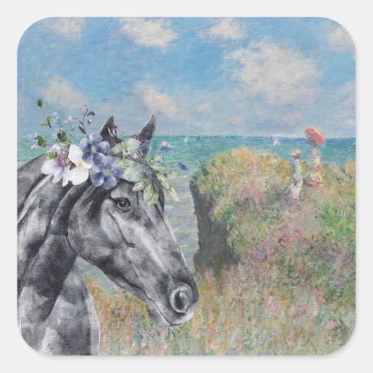 Monet Cliff Walk & Black Horse Quadratischer Aufkleber (Vorderseite)