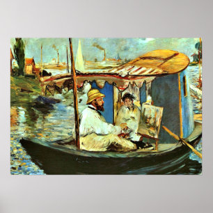 Monet in seinem Floating Studio Boat von Edouard M Poster