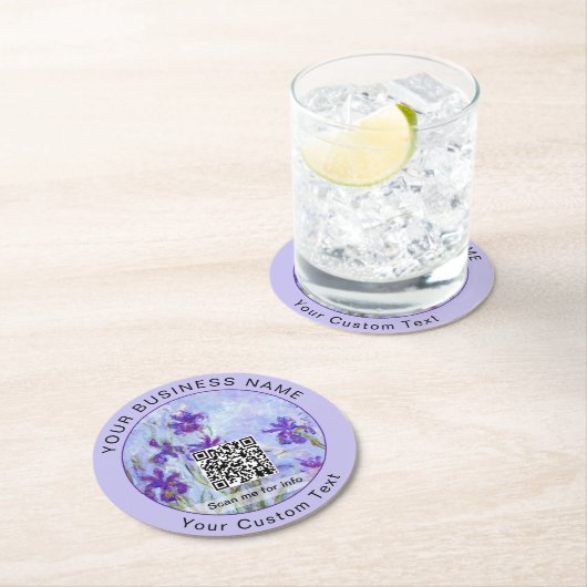 Monet - Lilac Irises / Iris Mauves - QR-Code Runder Pappuntersetzer (Vor Ort)