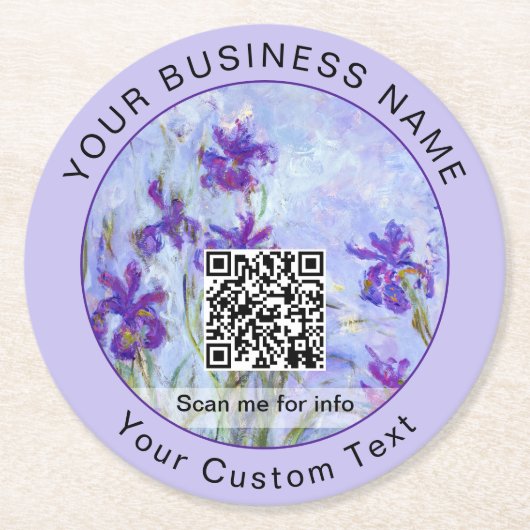 Monet - Lilac Irises / Iris Mauves - QR-Code Runder Pappuntersetzer (Vorderseite)