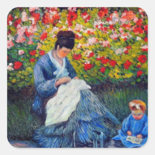 Monet Mutter und Kind im Garten Quadratischer Aufkleber