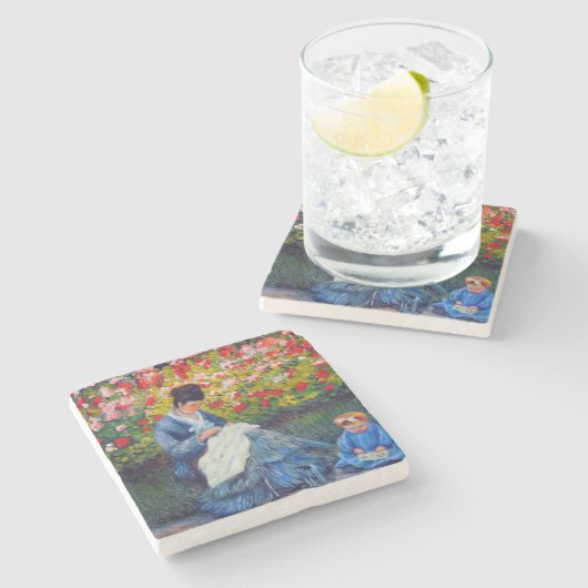 Monet Mutter und Kind im Garten Steinuntersetzer (Seitenansicht)