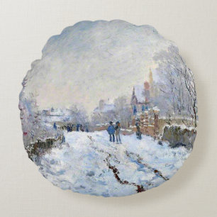 Monet - Schneeszene in Argenteuil Rundes Kissen