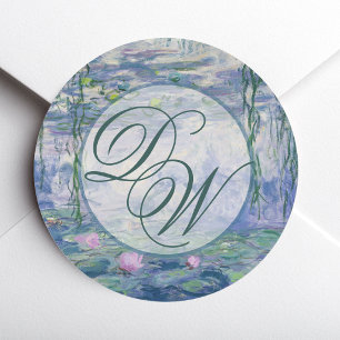 Monet Seerosen Hochzeitsmonogramm Elegante Blumen Runder Aufkleber