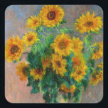 Monet Sunblumen Quadratischer Aufkleber<br><div class="desc">Stickers mit Claude Monets Ölgemälde Bouquet von Sonnenblumen (1881). Schöne Sonnenblumen in einer blauen Vase auf einem roten Tisch. Ein großartiges Geschenk für Fans von Impressionismus und französischer Kunst.</div>