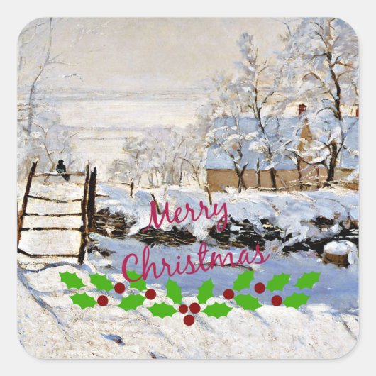 Monet - The Magpie mit Weihnachtsfeier Quadratischer Aufkleber (Vorderseite)