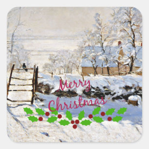 Monet - The Magpie mit Weihnachtsfeier Quadratischer Aufkleber