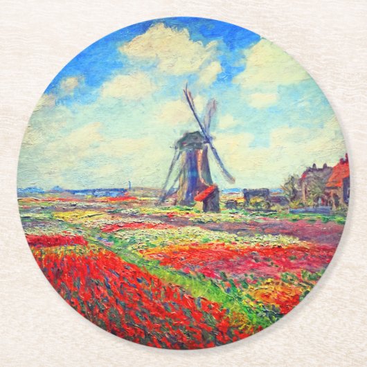 Monet Tulips Windmill Runder Pappuntersetzer (Vorderseite)