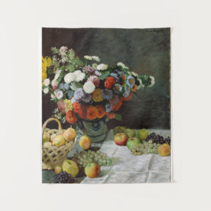 Monet Vintage-Stillleben mit Blumen und Früchten Wandteppich