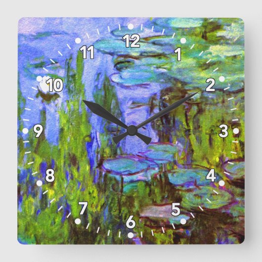 Monet Wasser-Lilien-Uhr im Blau, im Grün u. im Quadratische Wanduhr (Vorderseite)