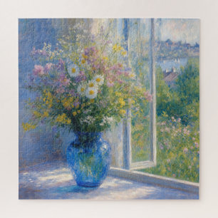 Monet-Wildblumenstrauß in blauer Vase Puzzle