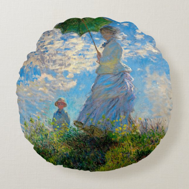 Monet Woman Parasol Impressionismus Rundes Kissen (Vorderseite)