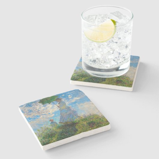 Monet Woman Parasol Impressionismus Steinuntersetzer (Seitenansicht)