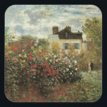 Monet's Garden in Argenteuil von Claude Monet Quadratischer Aufkleber<br><div class="desc">Der Artist's Garden in Argenteuil (Eine Ecke des Gartens mit Dahlias) (1873) von Claude Monet ist ein Vintager Impressionismus feiner Kunst Blumenmalerei. Ein Landhaus liegt im Hintergrund. Ein Paar in der Liebe geht vorbei an einem romantischen Frühlingsgarten mit blühenden Rose und anderen Blume. Über den Künstler: Claude Monet (1840-1926) war...</div>