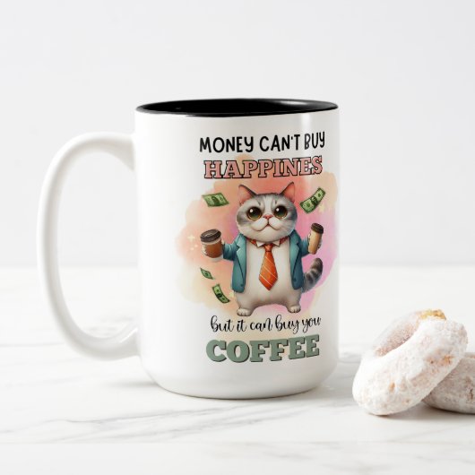 Money Can't Buy Happiness Funny Cat Lover Gift  Zweifarbige Tasse (Mit Donut)