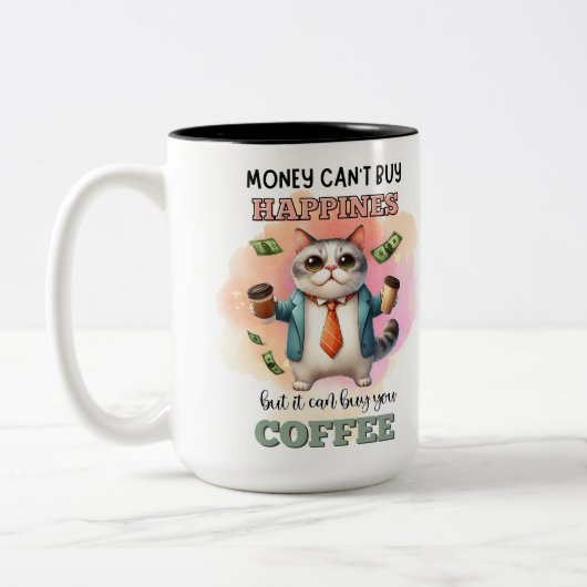 Money Can't Buy Happiness Funny Cat Lover Gift Zweifarbige Tasse (Links)