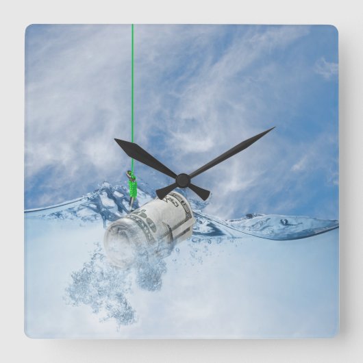 Money on fish hook quadratische wanduhr (Vorderseite)