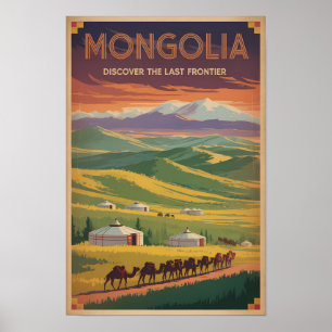 Mongolei Kamele Jurte Illustration Reise Kunst Ret Poster
