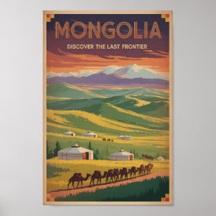 Mongolei Kamele Jurte Illustration Reise Kunst Ret Poster