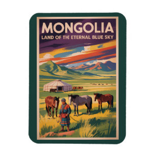Mongolei Pferde Jurte Illustration Reise Kunst Ret Magnet