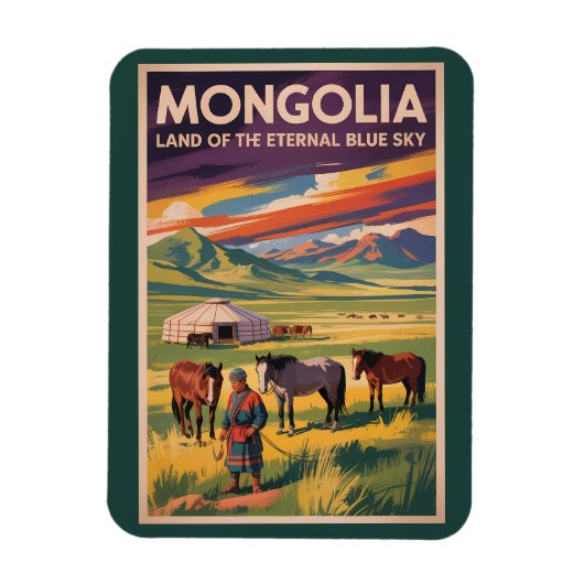 Mongolei Pferde Jurte Illustration Reise Kunst Ret Magnet (Vertikal)