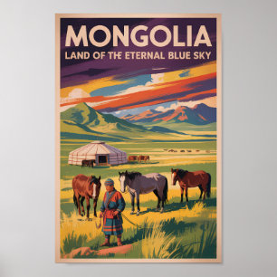 Mongolei Pferde Jurte Illustration Reise Kunst Ret Poster