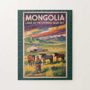 Mongolei Pferde Jurte Illustration Reise Kunst Ret Puzzle