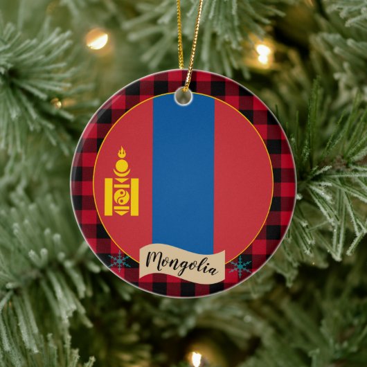 Mongolei, Roter Büffel kariert & mongolische Flagg Keramik Ornament (Baum)