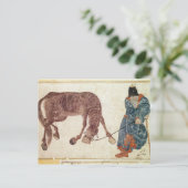 Mongolischer Nomade, der sein Pferd zum Wasser nim Postkarte (Stehend Vorderseite)