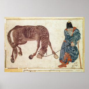 Mongolischer Nomade, der sein Pferd zum Wasser Poster