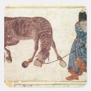 Mongolischer Nomade, der sein Pferd zum Wasser Quadratischer Aufkleber