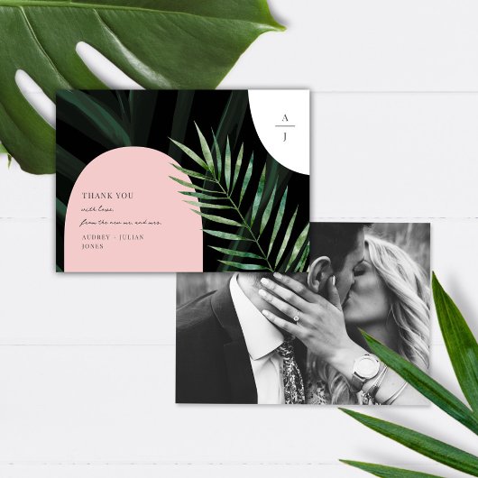 Mongram Arches Tropical Wedding Foto Dankeskarte