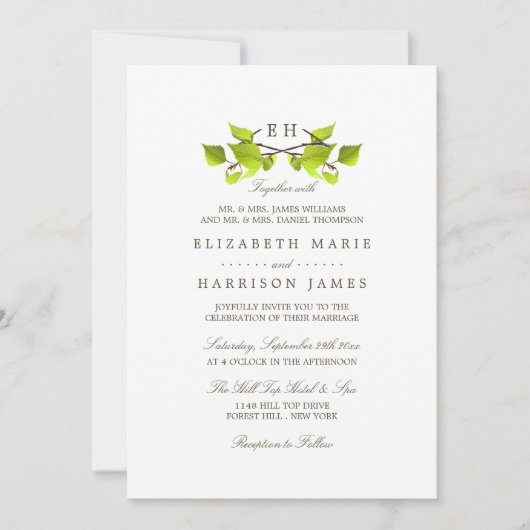 Mongram Birch Tree Branch Wedding Einladung (Vorderseite)