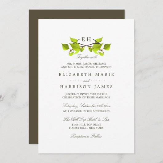 Mongram Birch Tree Branch Wedding Einladung (Vorne/Hinten)