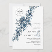Mongram Blue Aquarell Flororal Lineart Hochzeit Einladung (Vorderseite)