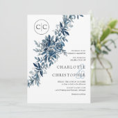 Mongram Blue Aquarell Flororal Lineart Hochzeit Einladung (Stehend Vorderseite)