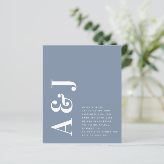 Mongram Blue QR Code Einladung zum Hochzeitsfeiern (Stehend Vorderseite)