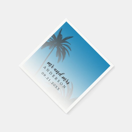 Mongram Blue Tropical Palm Tree Beach Hochzeit Serviette (Ecke)